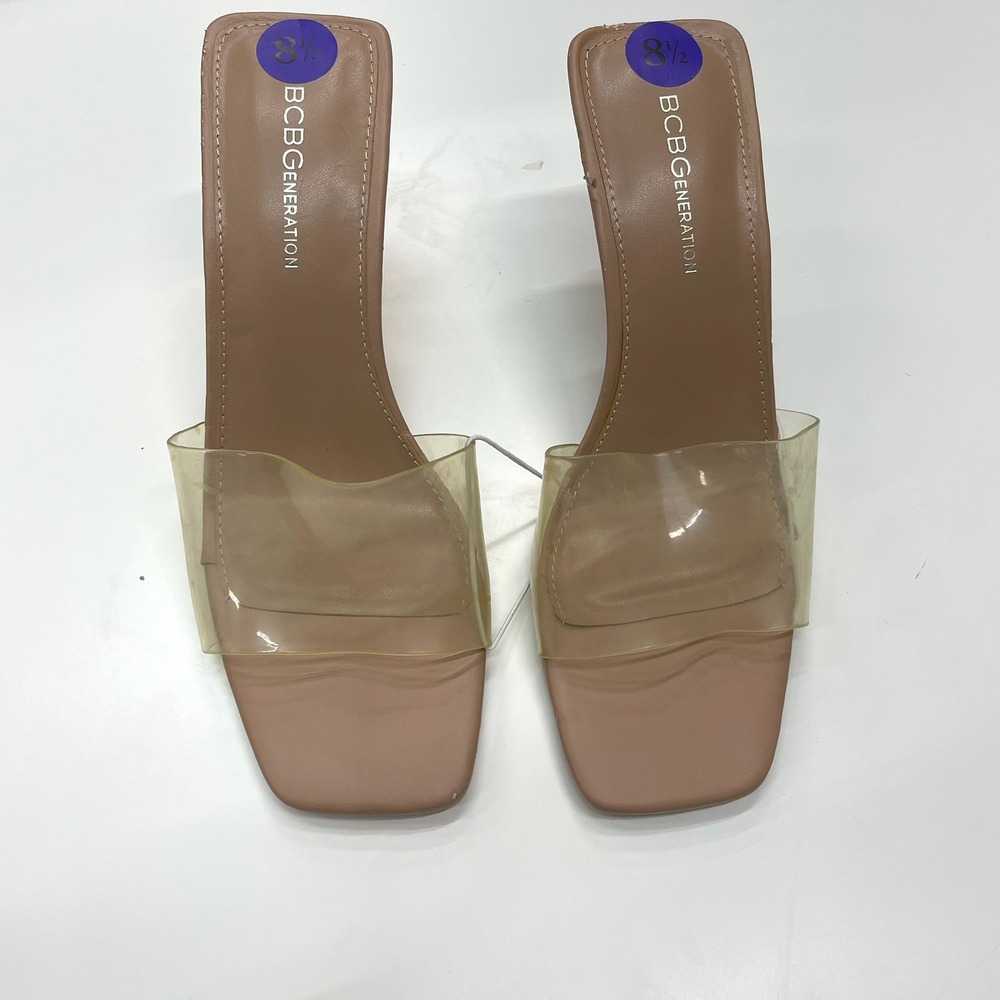 BCBGeneration Maeve Tan Clear Strap Square Toe Stiletto Slide Mules Womens 8.5